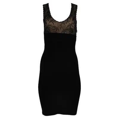 Pre-owned Herve Leger Bodycon V Neck Lace Dress Size Xs Black Tan Semi Sheer