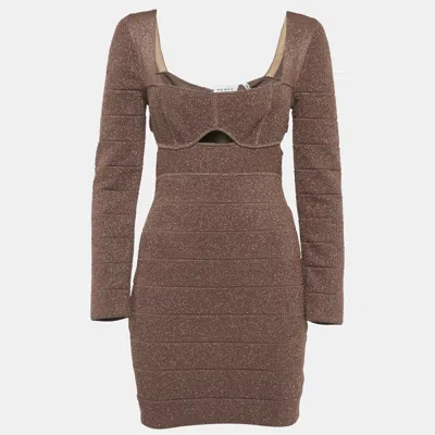Pre-owned Herve Leger Brown Metallic Lurex Knit Bandage Mini Dress M