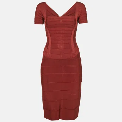 Pre-owned Herve Leger Burgundy Knit Bandage Mini Dress M