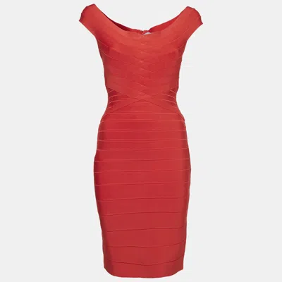 Pre-owned Herve Leger By Max Azria Red Knit Off-shoulder Bandage Dress M