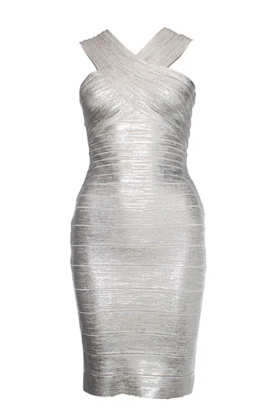 Herve Leger By Max Azria, Silver Off Shoulder Body Con Dress In Metallic