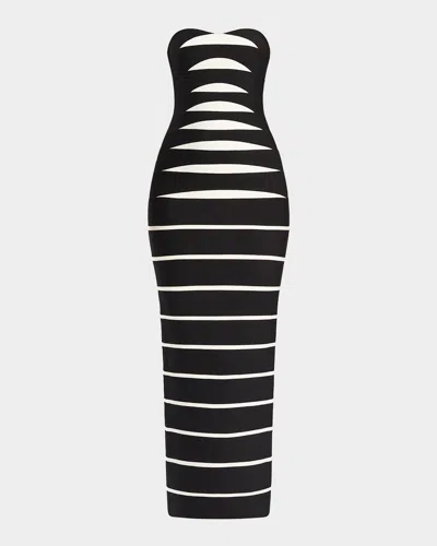 Herve Leger Cameron Strapless Abstract Striped Gown In Black Combo