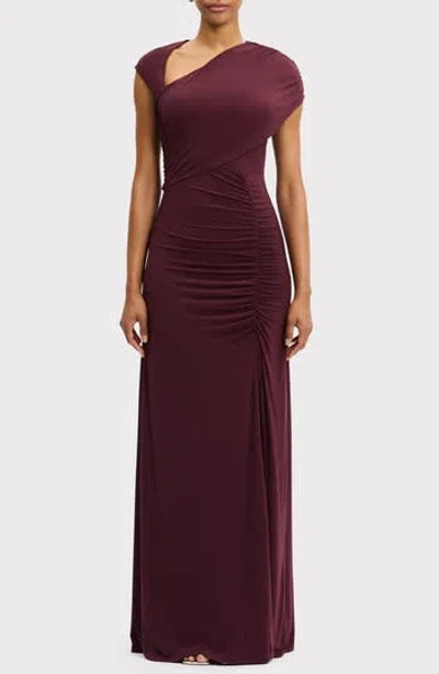 Herve Leger Cap Sleeve Ruched Matte Jersey Dress In Burgundy