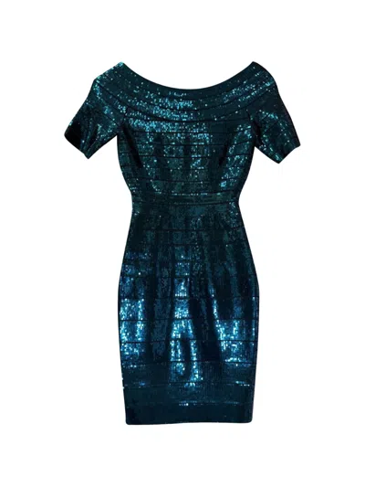 Pre-owned Herve Leger Carmen Bandage Sequin Dress In Blue