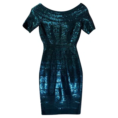 Pre-owned Herve Leger Carmen Bandage Sequin Dress In Blue Rayon