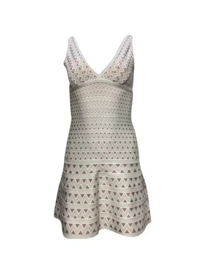 Pre-owned Herve Leger Chevron V-neck Dress In White