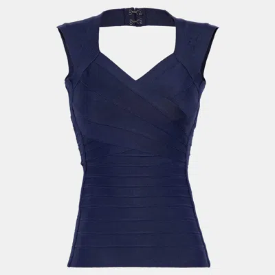 Pre-owned Herve Leger Classic Blue Knit Bandage Top M In Navy Blue