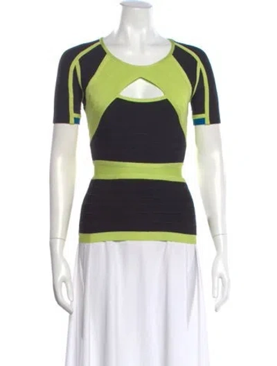 Pre-owned Herve Leger Colorblock Pattern Crew Neck Top In Black