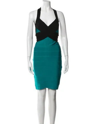 Pre-owned Herve Leger Colorblock Pattern Mini Dress In Blue