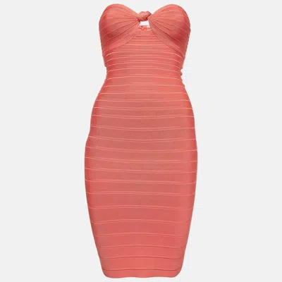 Pre-owned Herve Leger Coral Pink Bandage Knit Strapless Mini Dress Xs