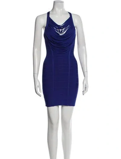 Pre-owned Herve Leger Cowl Neck Mini Dress In Blue