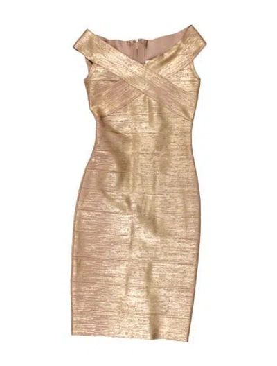 Pre-owned Herve Leger Cowl Neck Mini Dress W/ Tags In Gold