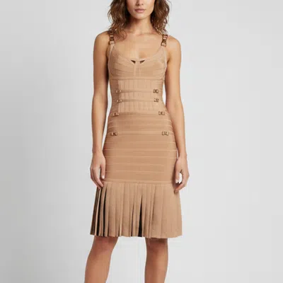 Pre-owned Herve Leger Hervé Léger Cream Rib Knit Fringed Milena Bandage Dress S In White