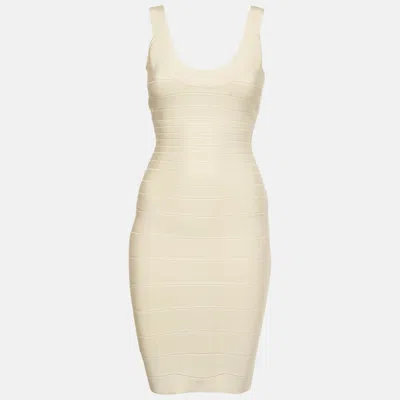 Pre-owned Herve Leger Cream Rib Knit Sydney Bandage Dress S
