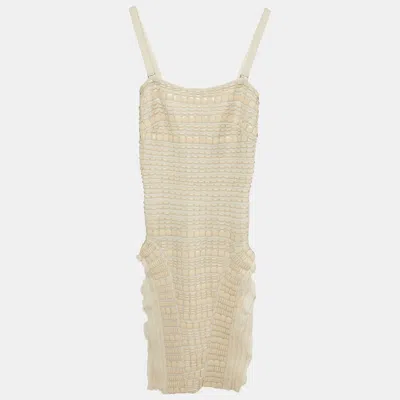 Pre-owned Herve Leger Cream Stretch Knit Sequins Armadillo Strapless Mini Dress Xs In White