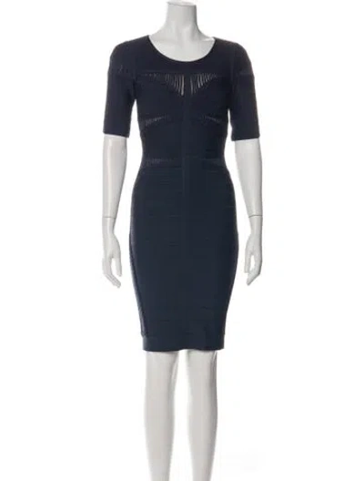 Pre-owned Herve Leger Crew Neck Knee-length Dress In Blue