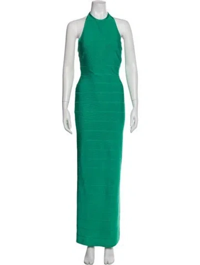 Pre-owned Herve Leger Crew Neck Long Dress In Green