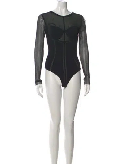 Pre-owned Herve Leger Crew Neck Long Sleeve Bodysuit In Black