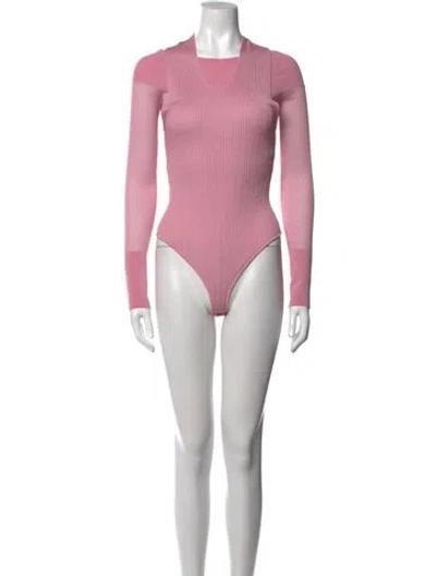 Pre-owned Herve Leger Crew Neck Long Sleeve Bodysuit In Pink