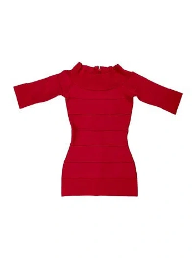 Pre-owned Herve Leger Crew Neck Long Sleeve Top In Red