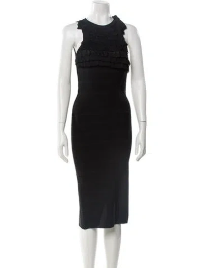 Pre-owned Herve Leger Crew Neck Midi Length Dress In Black
