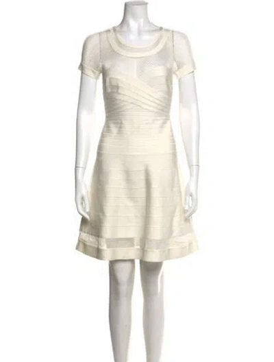Pre-owned Herve Leger Crew Neck Mini Dress In Neutrals