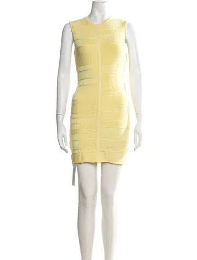Pre-owned Herve Leger Crew Neck Mini Dress In Yellow