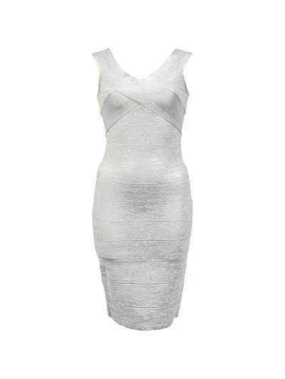Pre-owned Herve Leger Criss Cross Bandage Dress In Silver