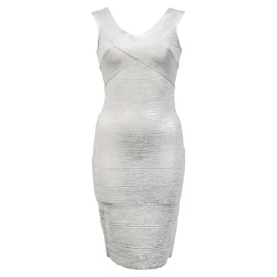 Pre-owned Herve Leger Criss Cross Bandage Mini Dress In Silver Rayon In White