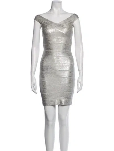 Pre-owned Herve Leger Criss Cross Bandage Mini Dress In Metallic/silver