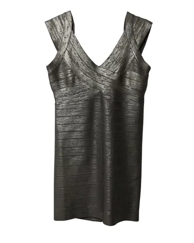 Herve Leger Criss Cross Foil Mini Dress In Silver Rayon In Black