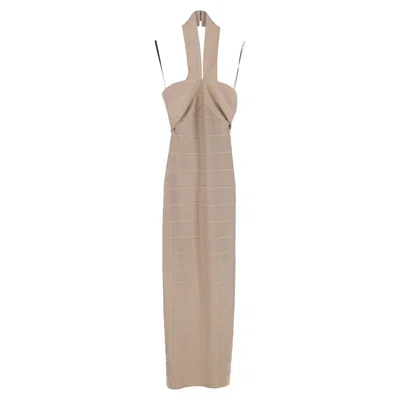 Herve Leger Criss-cross Halter Neck Maxi Dress In Beige Rayon In Brown