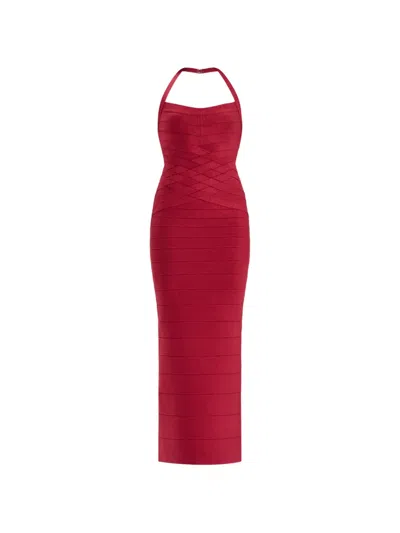 Herve Leger Criss-cross Halterneck Dress In Red
