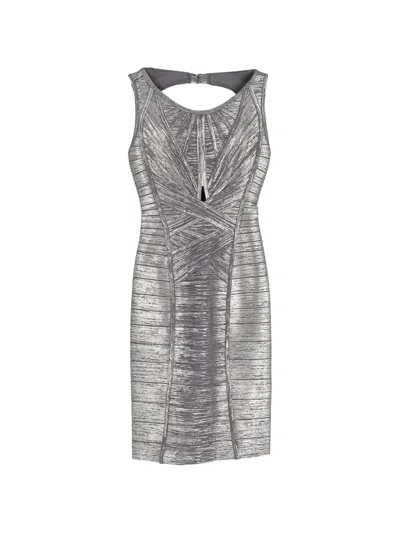 Pre-owned Herve Leger Cut-out Bandage Dress In Gray