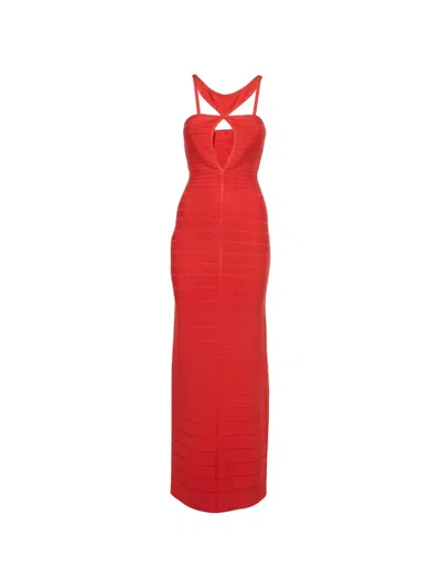 Pre-owned Herve Leger Cut-out Knit Maxi Dress In Red
