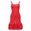 Herve Leger Cut Out Tiered Ruffle Hem Bandage Fit Flared Dress In Red