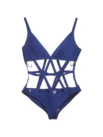 Pre-owned Herve Leger Cutout Bandage Swimsuit In Blue