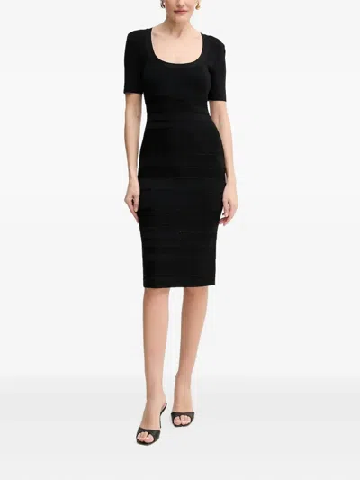 Herve Leger Detailed Short-sleeved Midi Day Dress In Black