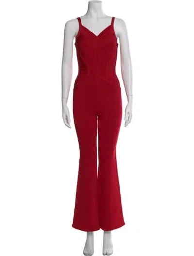 Pre-owned Herve Leger Dilonne V-neck Jumpsuit In Red