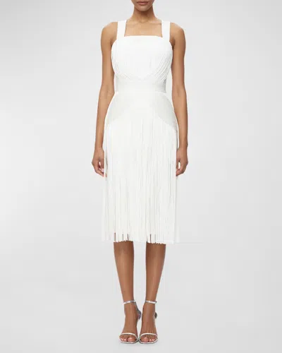 Herve Leger Draped Fringe Midi Dress In White