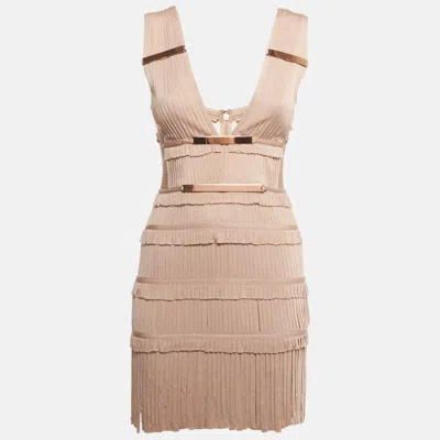 Pre-owned Herve Leger Dusty Pink Bandage Knit Plunge Neck Fringe Mini Dress Xs