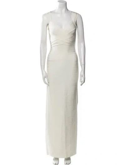 Pre-owned Herve Leger Estrella Long Dress In White