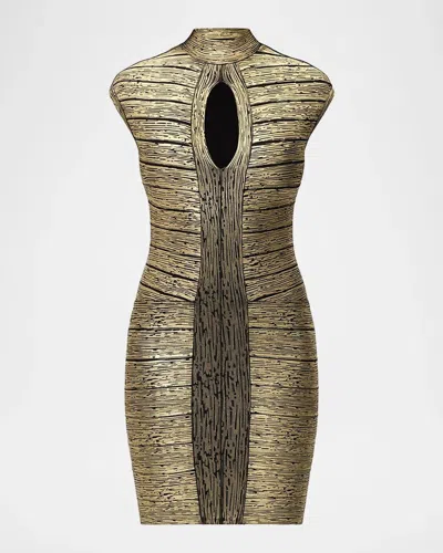Herve Leger Femme Metallic Keyhole Bandage Mini Dress In Black W/ G