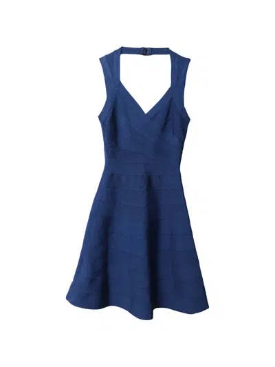 Pre-owned Herve Leger Flared-hem Bandage Dress In Blue