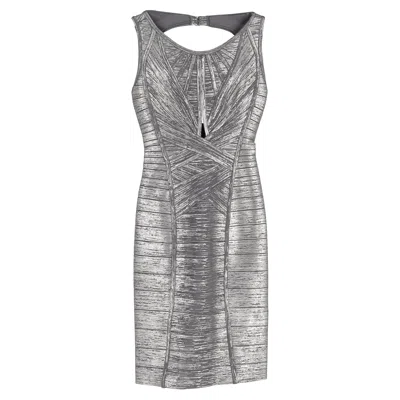 Herve Leger Foil Cutout Bandage Dress In Silver Rayon In Neutral