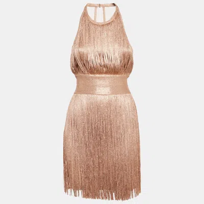 Pre-owned Herve Leger Gold Lurex Jersey Fringed Mini Dress Xs