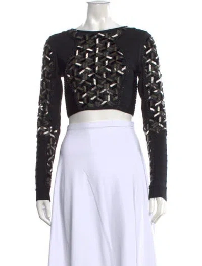 Pre-owned Herve Leger Graphic Print Crew Neck Crop Top In Black