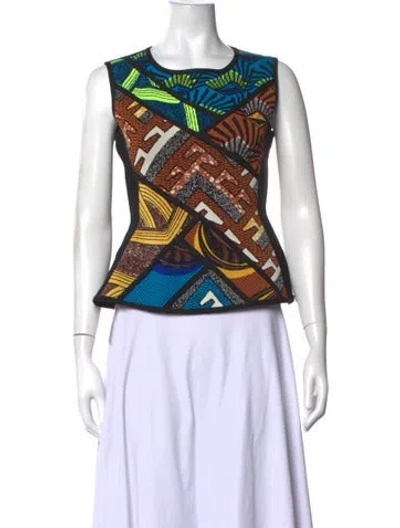 Pre-owned Herve Leger Graphic Print Crew Neck Top In Black
