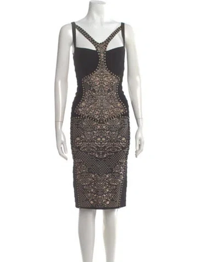 Pre-owned Herve Leger Graphic Print Knee-length Dress In Black