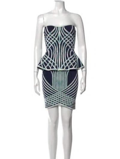 Pre-owned Herve Leger Graphic Print Mini Dress In Blue